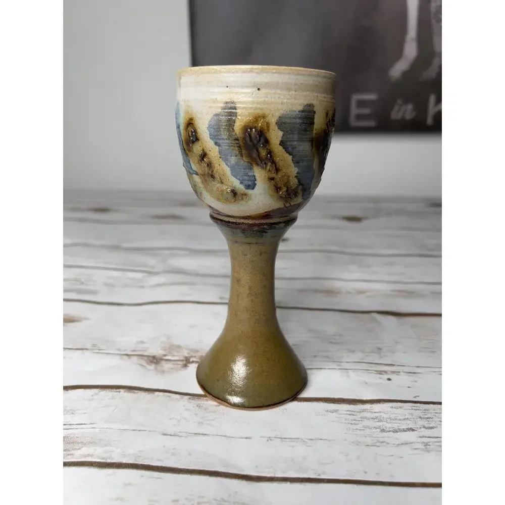 VINTAGE 70s Studio Art Pottery Handmade Stoneware Drip Wine Water Goblet